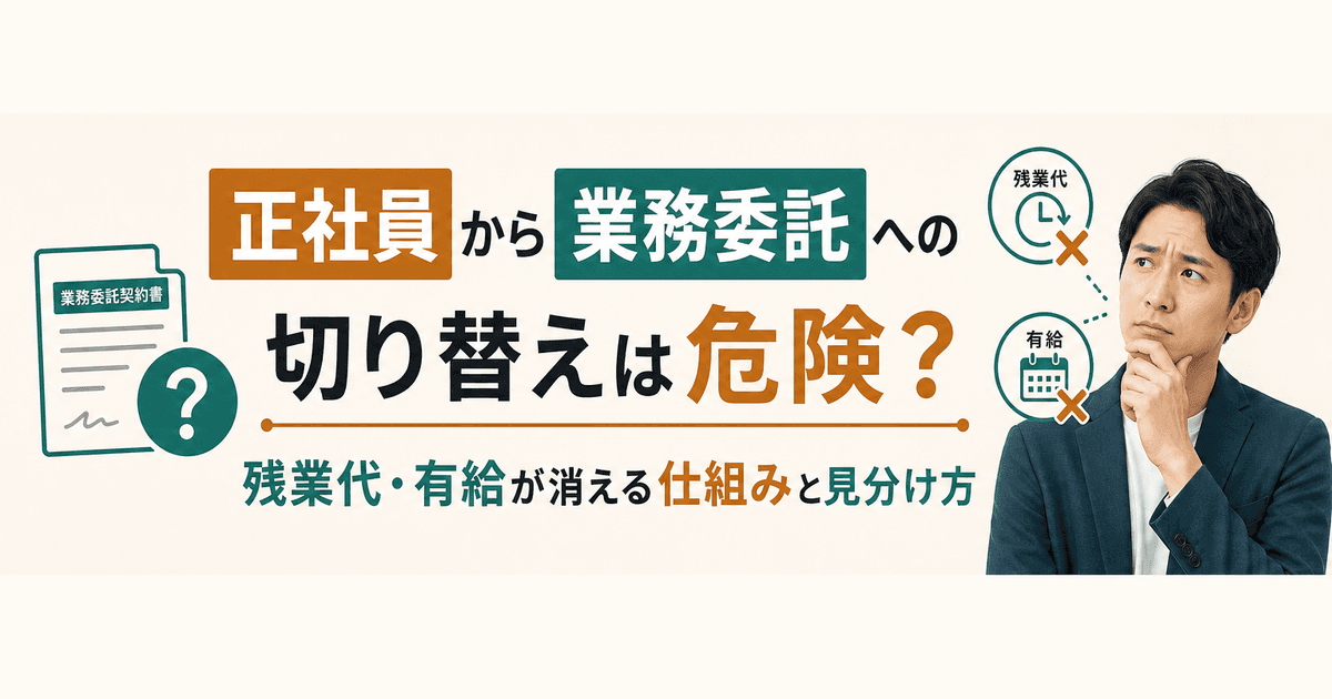 正社員から業務委託への切り替えは危険？残業代・有給が消える仕組みと見分け方｜業界解説記事のサムネイル画像