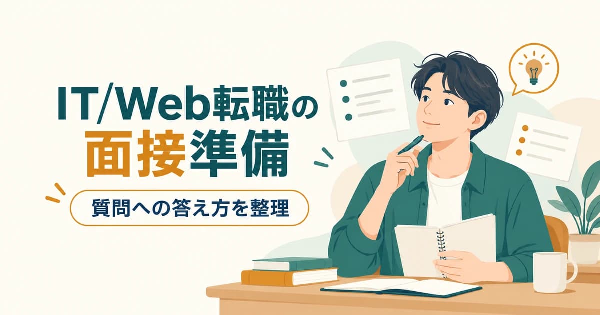 第二新卒のIT/Web転職で面接官に聞かれやすい質問と答え方｜未経験でも詰まらない準備法｜業界解説記事のアイキャッチ画像