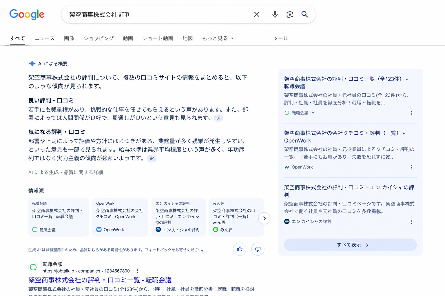 Google検索のAIオーバービュー表示イメージ。情報源として複数の口コミサイトが引用されている様子