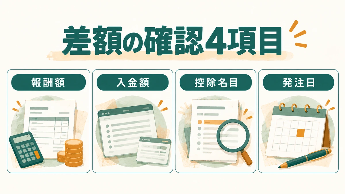 報酬額、入金額、控除名目、発注日を照合する四つの確認点