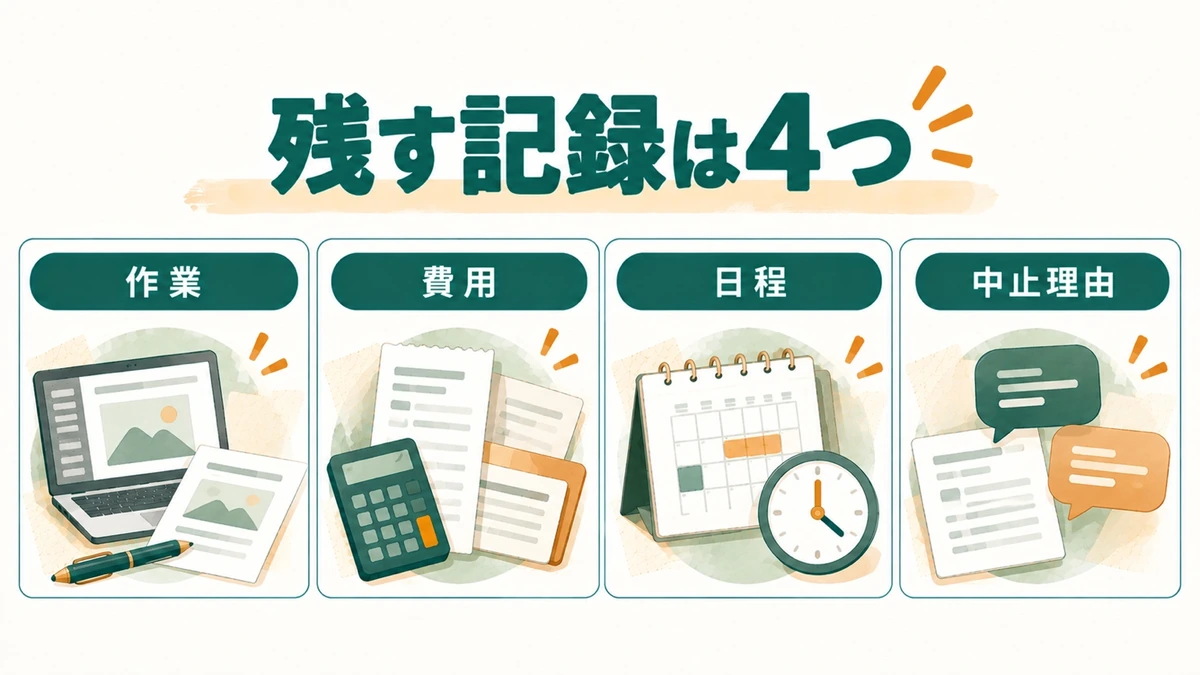 発注キャンセル時に作業、費用、日程、中止理由の記録を整理する図解