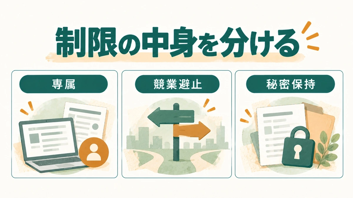 専属、競業避止、秘密保持で制限する内容が異なることを示す図解