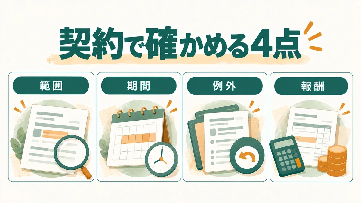 他社受注の制限について範囲、期間、例外、報酬を確認する図解
