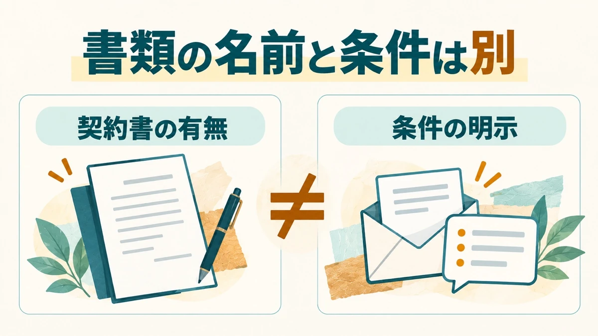 契約書という文書の有無と、取引条件の明示を別々に確認する図解