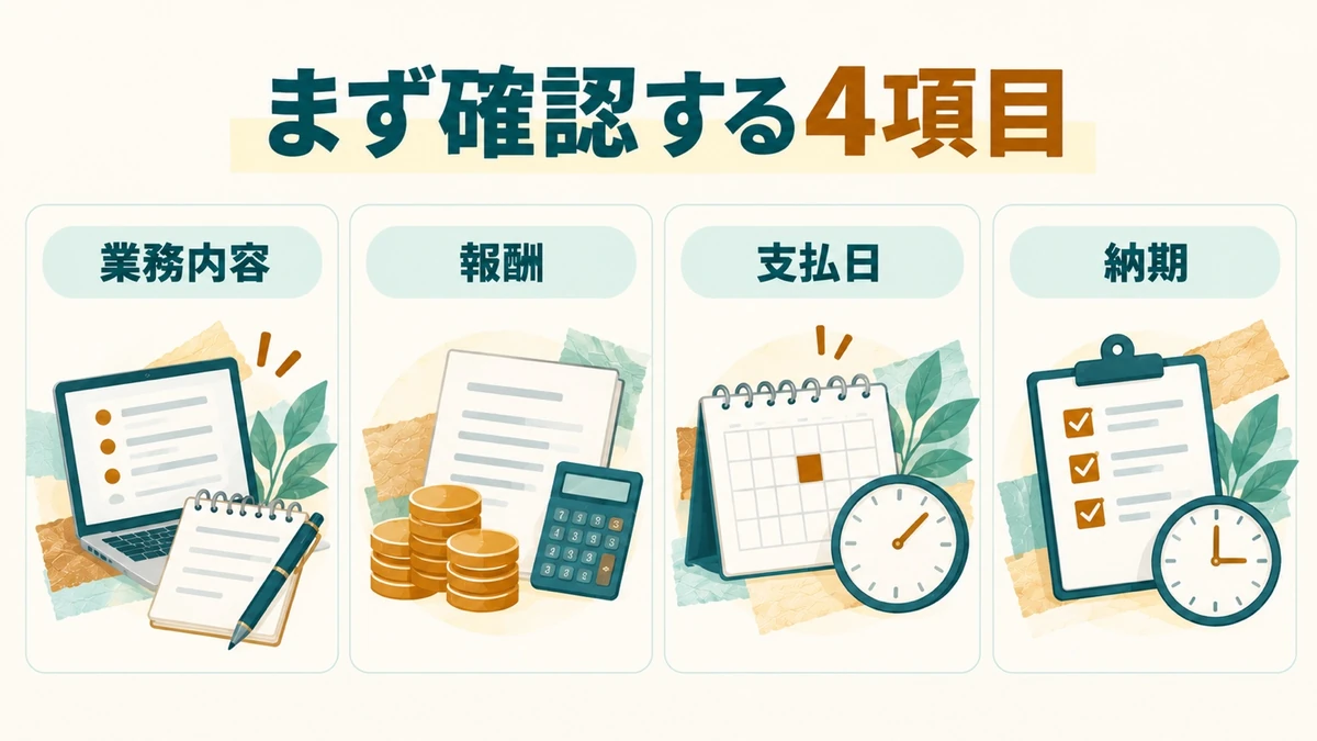 業務内容、報酬、支払日、納期を確認する4項目