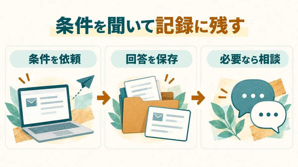 条件を依頼し、回答と作業記録を保存して、必要なら相談する3ステップ