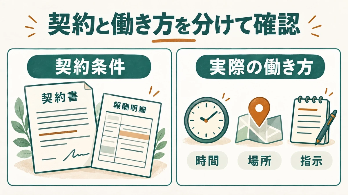 業務委託の契約条件と働き方の実態を分けて確認する図