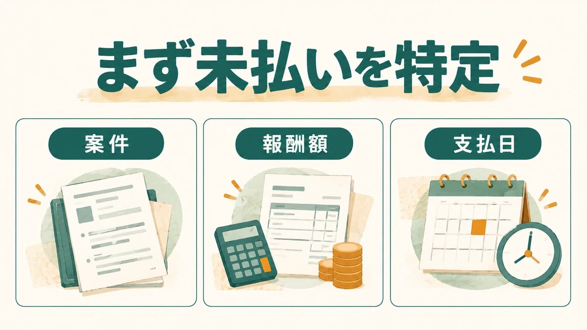 報酬未払いの対象を案件、報酬額、支払日で特定する図解