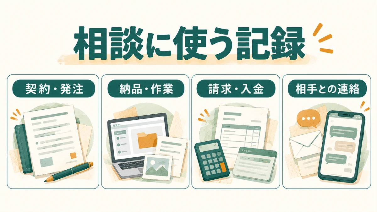 未払いの相談に備えて契約、納品、請求、連絡の記録をまとめる図解
