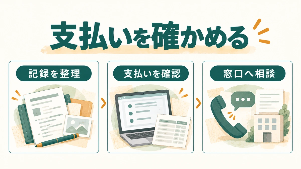 報酬未払いの対応を記録整理、支払い確認、窓口相談の順に示す図解