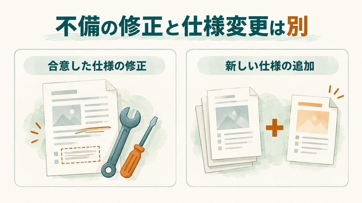 合意した仕様を満たすための修正と新しい仕様の追加を比較する図