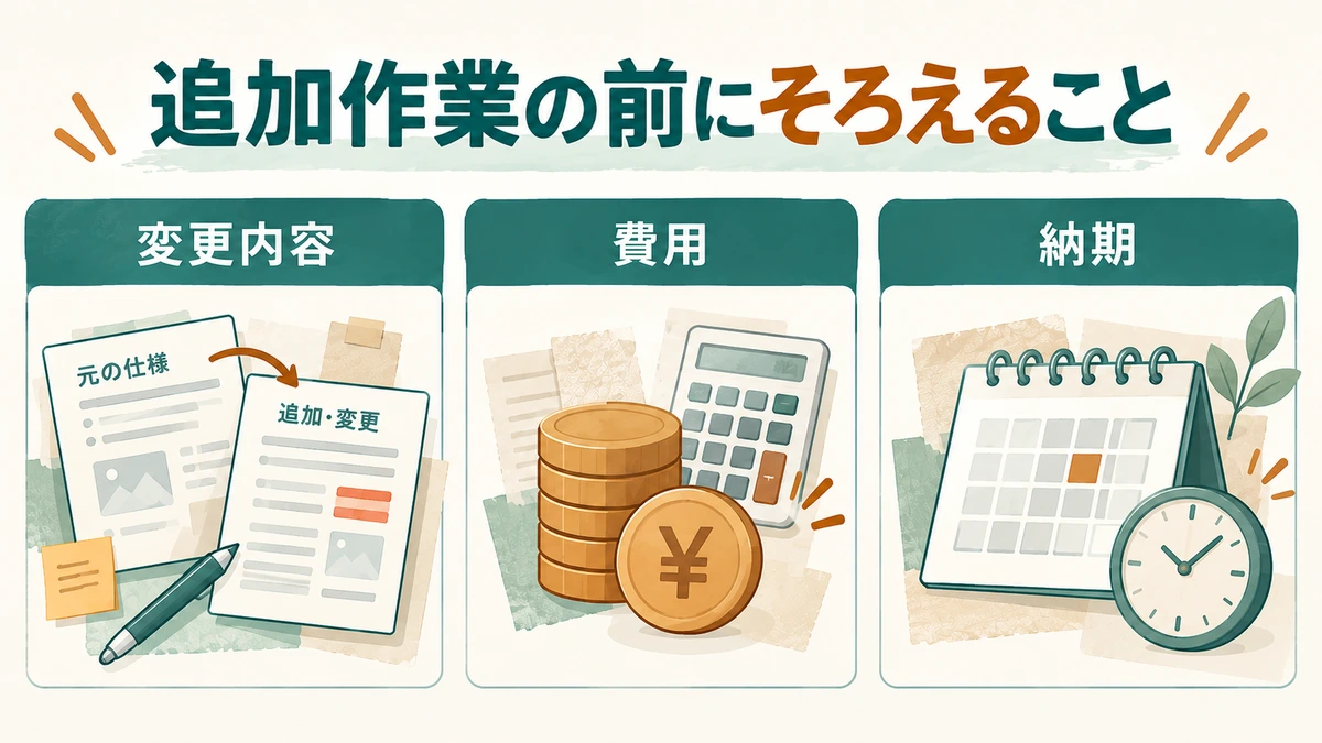 追加作業の前に変更内容、費用、納期を確認する図