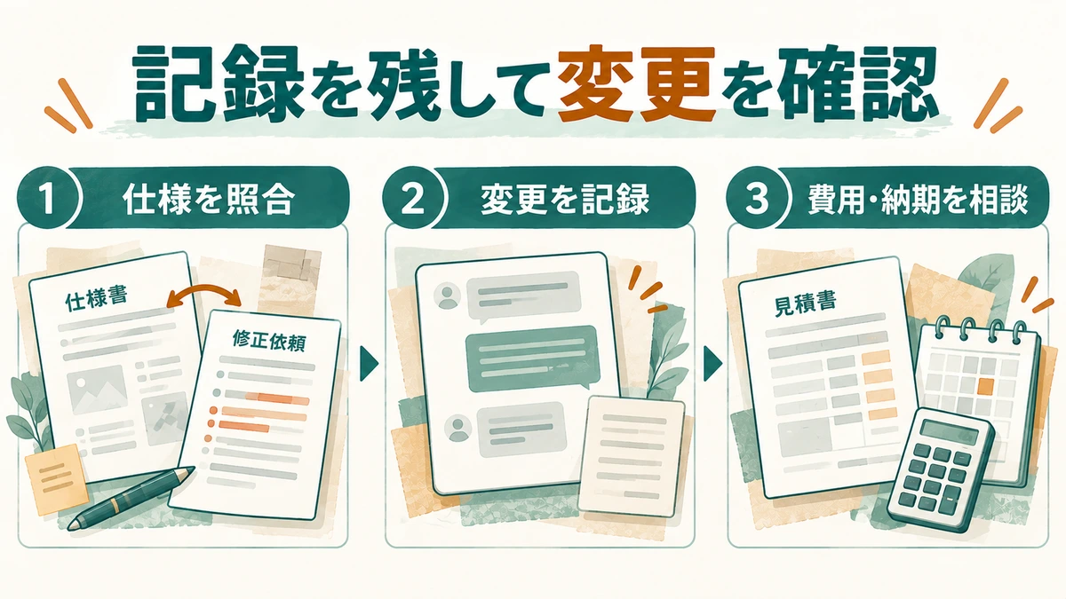 仕様を照合し変更を記録して費用と納期を相談する手順