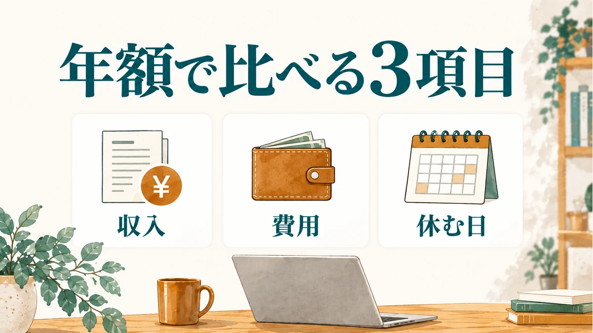 収入、費用、休む日の三項目を年額で比べる図