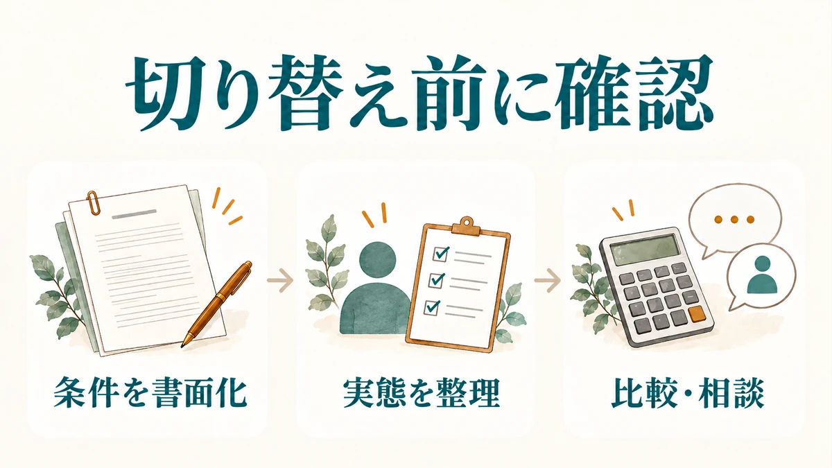 契約条件の書面化、働き方の実態の整理、年間比較と相談の三段階