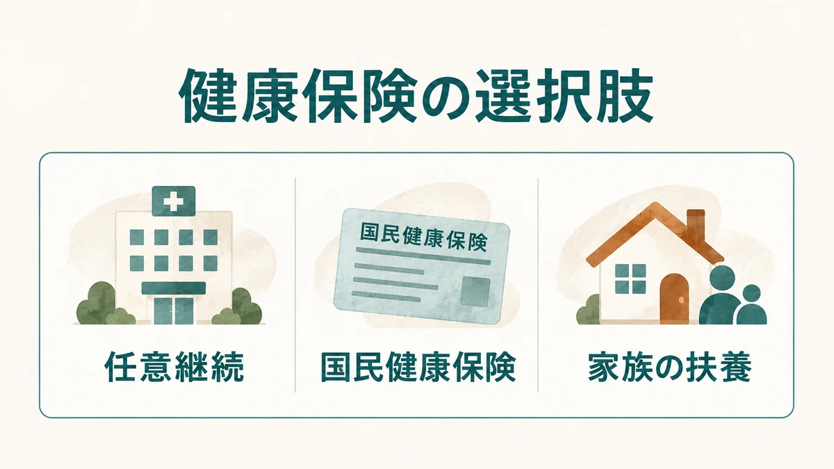 退職後の健康保険を任意継続、国民健康保険、家族の扶養の三つに分けた図