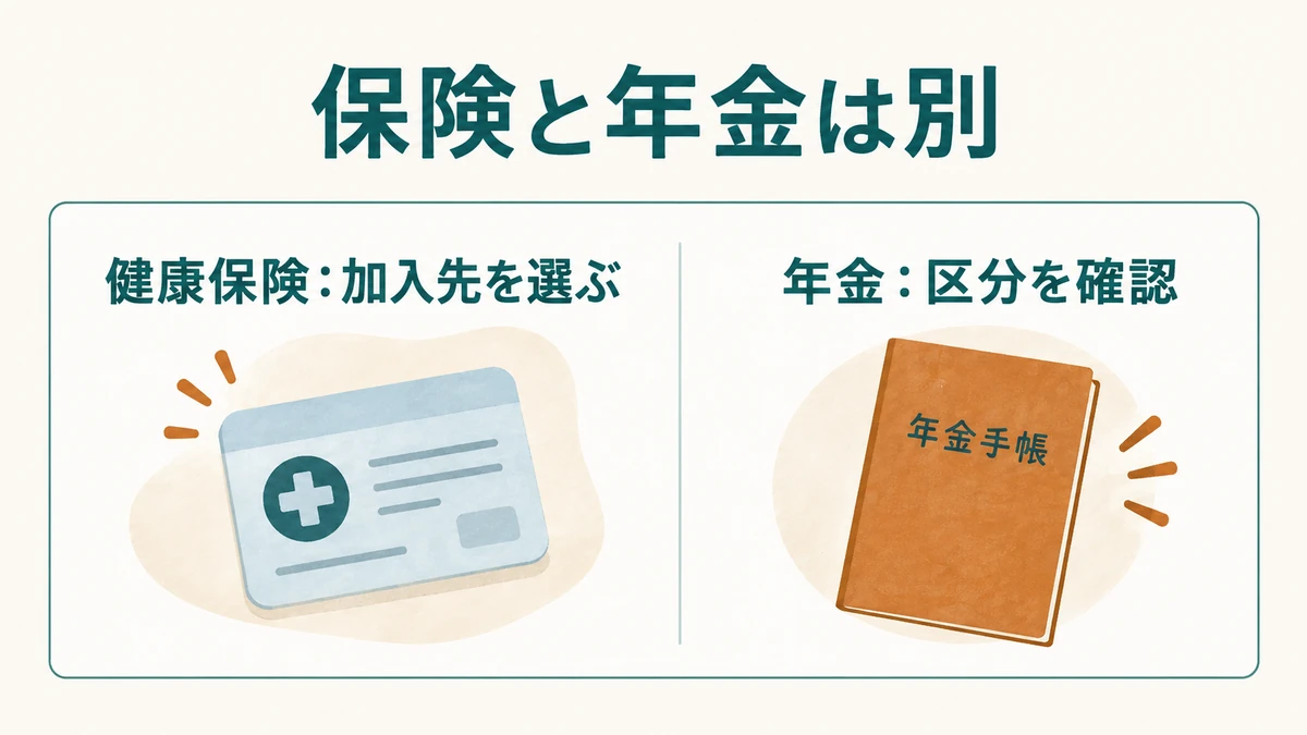 健康保険の選択と年金の種別変更は別々に確認することを示す図