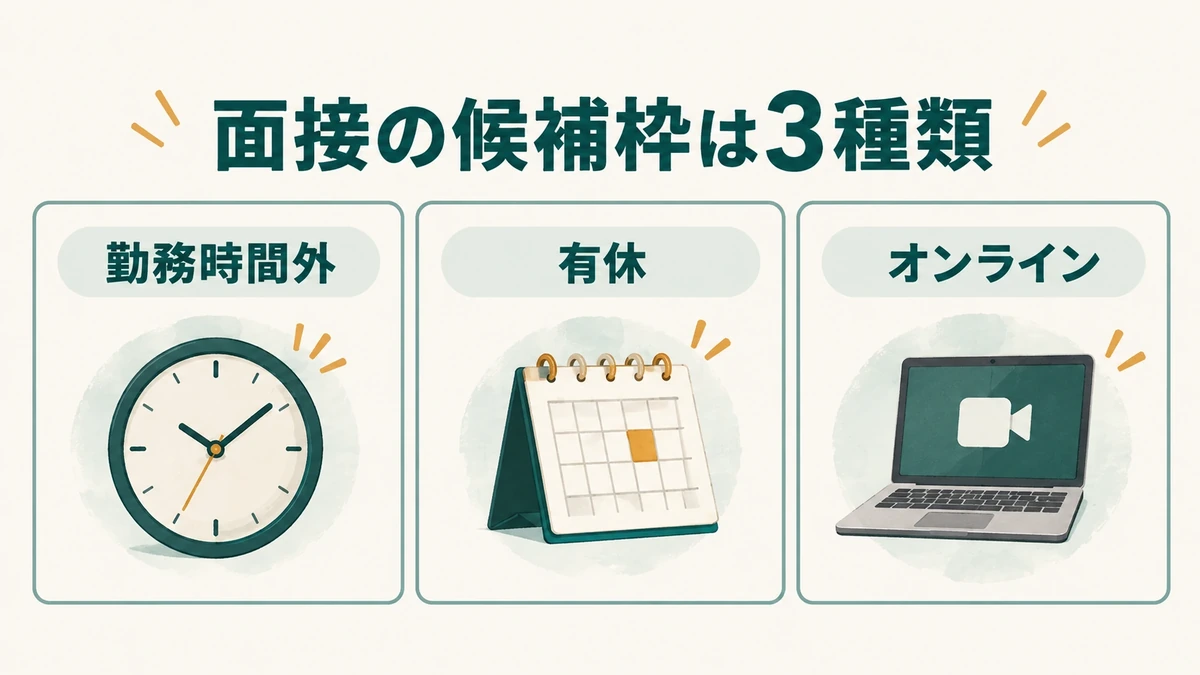 在職中の面接候補を勤務時間外、有休、オンラインに分ける図