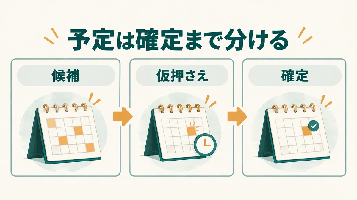 面接日程の仮押さえから確定までの三段階を示す図