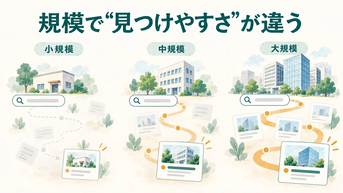 企業規模で採用情報の見つけやすさに差があることを示す図