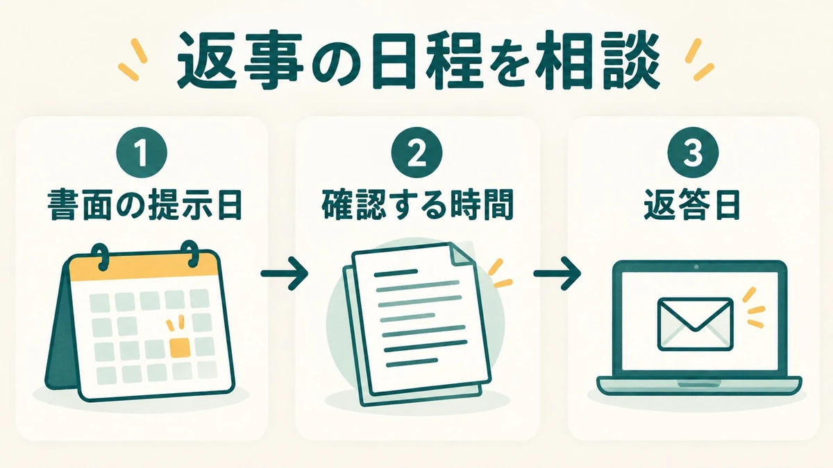 書面の提示日、確認する時間、返答日を順に調整する図