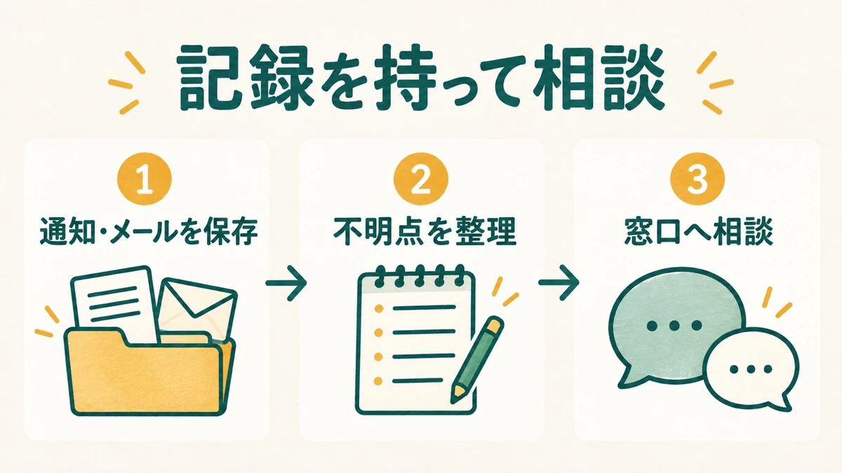 内定通知とやり取りを保存し、不明点を整理して相談する手順