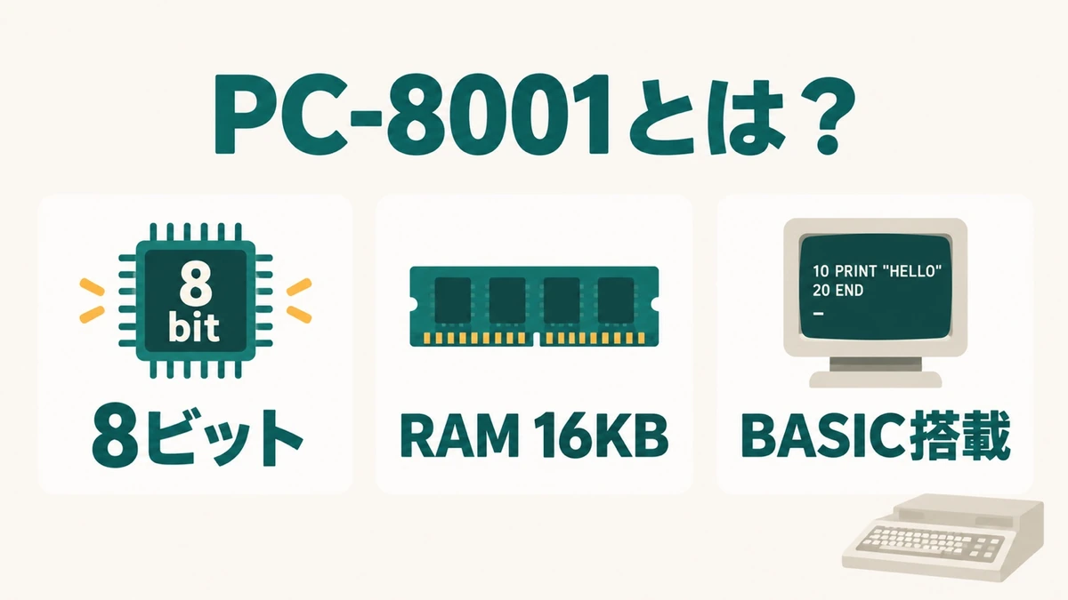 PC-8001の特徴である8ビット、16KBの標準RAM、BASICを整理した図解