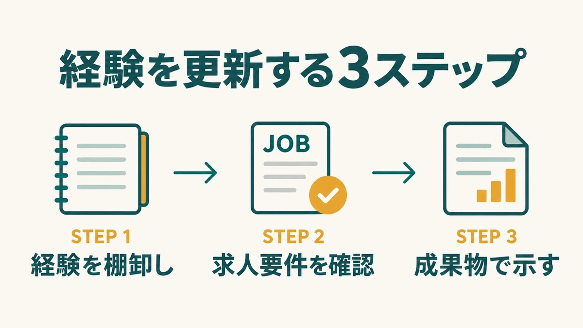 過去の経験を棚卸しし、求人の要件と照合して、現在の成果物で示す3ステップ