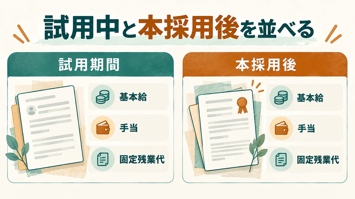 試用期間と本採用後の基本給、手当、固定残業代を比較する図