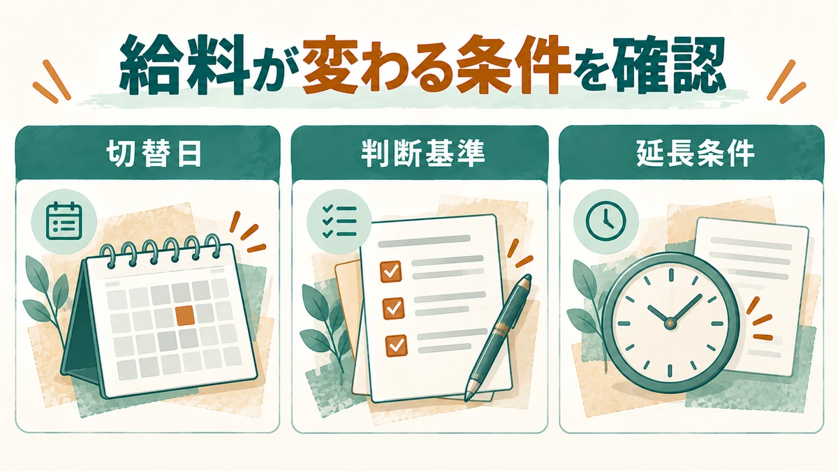 給与の切替日、判断基準、延長条件を確認する図