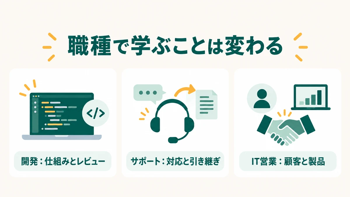 開発、サポート、IT営業で最初に学ぶ内容の違いを示す図