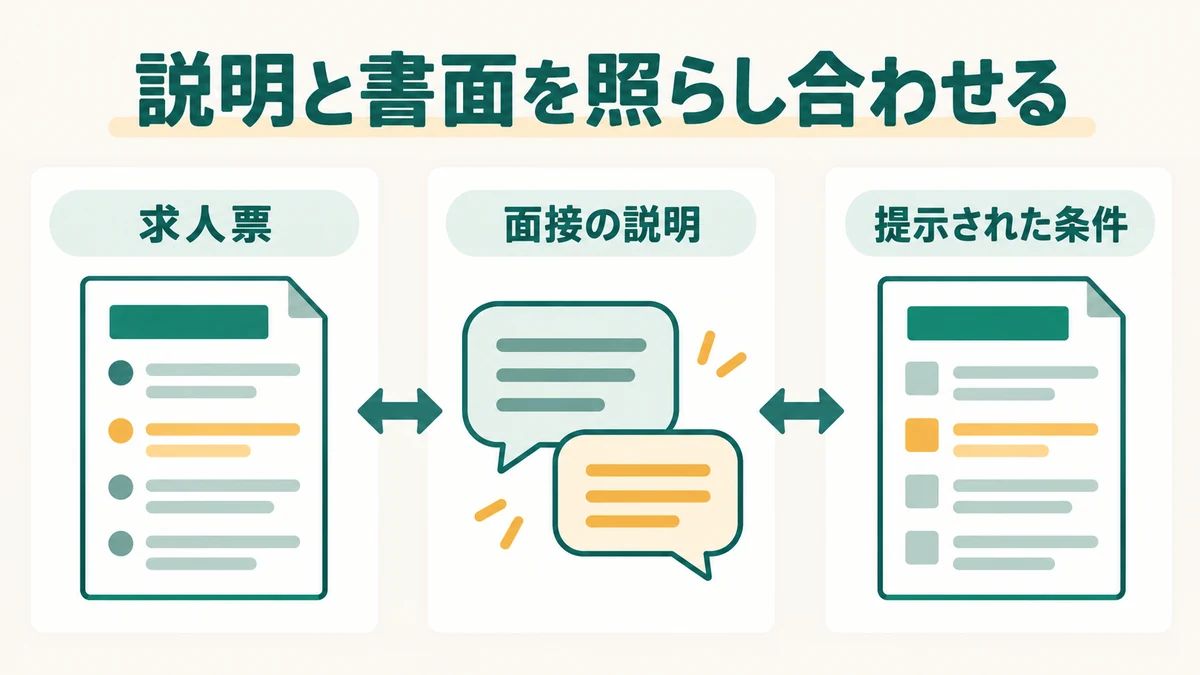 求人票、面接の説明、提示された労働条件の書面を照らし合わせる図