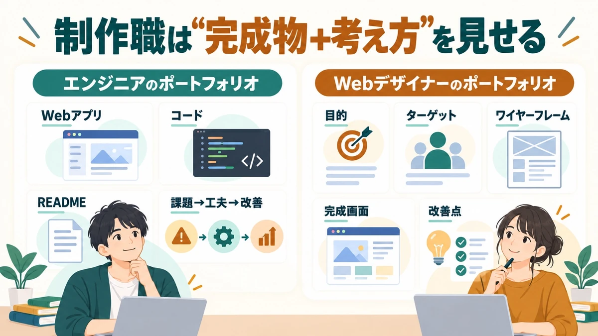 エンジニアはWebアプリ・コード・READMEと改善記録、Webデザイナーは目的・ターゲット・ワイヤーフレーム・完成画面と改善点を示す