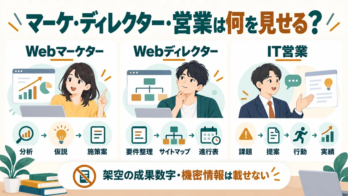 Webマーケターは分析から仮説と施策案、Webディレクターは要件整理から進行表、IT営業は課題から提案・行動・成果の考え方を資料化する
