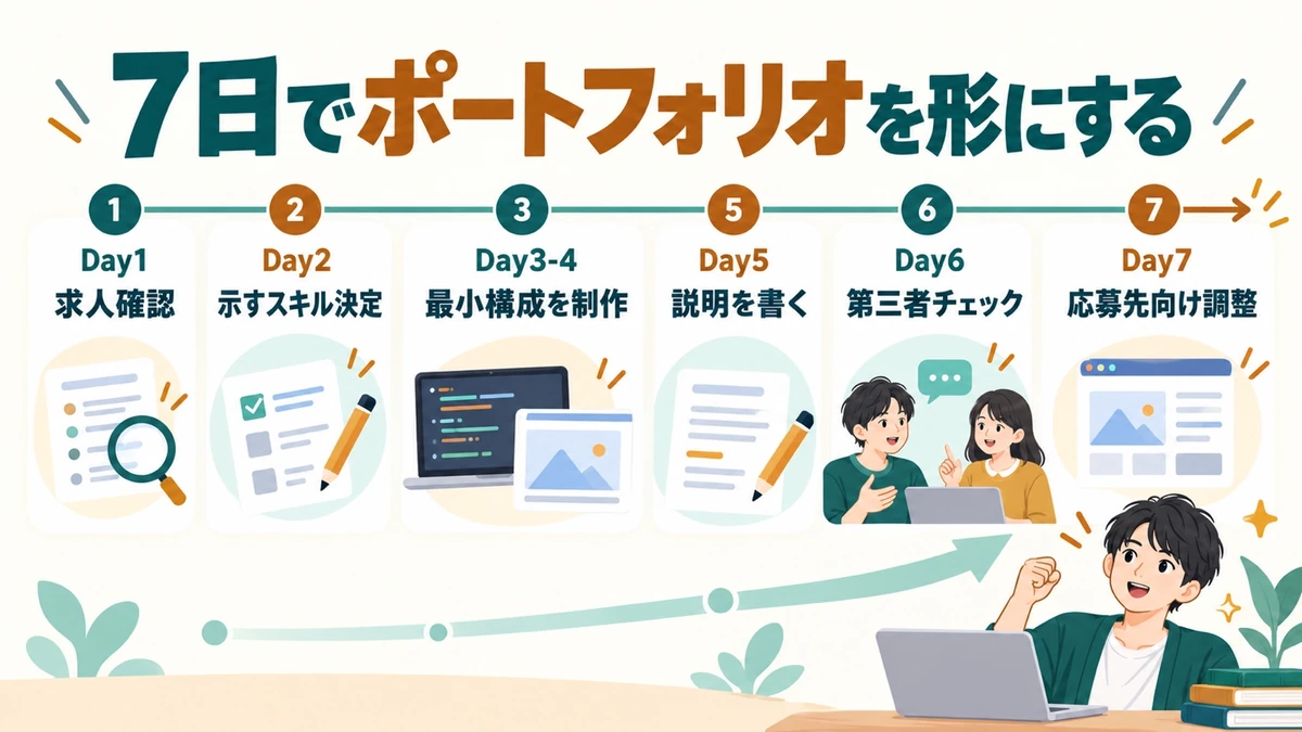 7日間で求人確認、示すスキルの決定、最小構成の制作、説明文作成、第三者チェック、応募先向け調整を行うロードマップ
