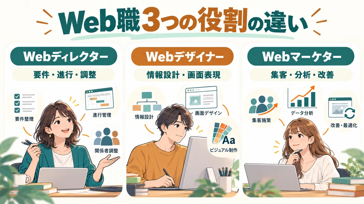 Webディレクターは要件・進行・調整、Webデザイナーは情報設計・画面表現、Webマーケターは集客・分析・改善を主に担う比較図
