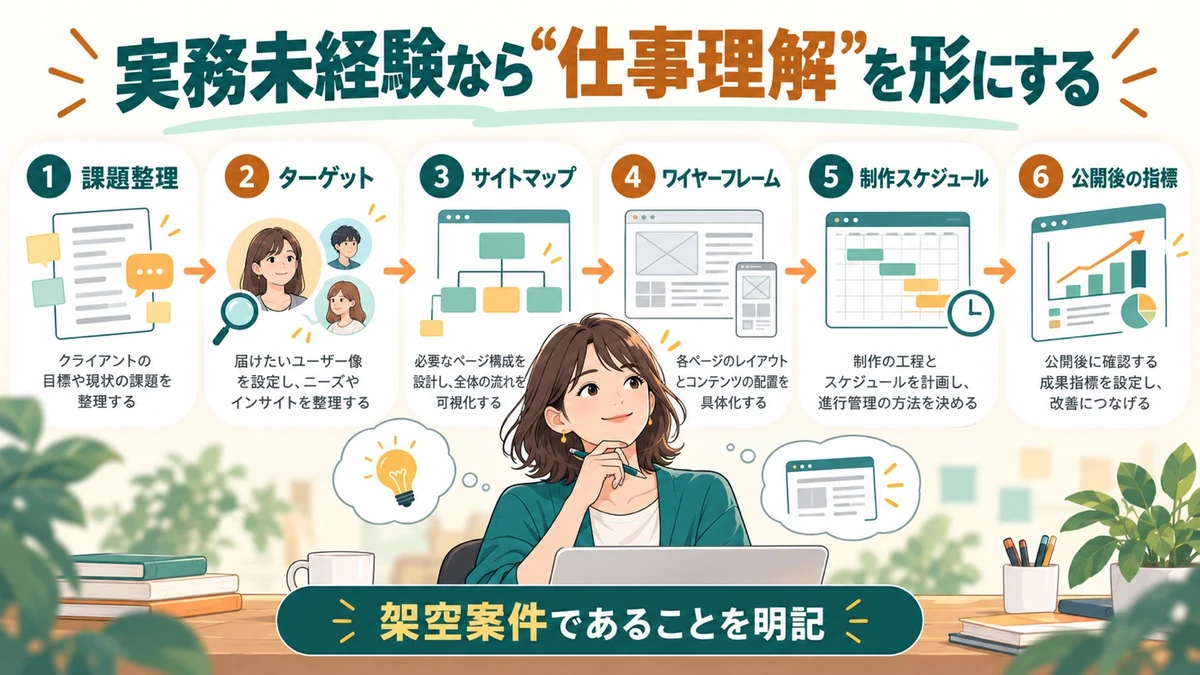 架空のWeb制作案件について課題整理、ターゲット、サイトマップ、ワイヤーフレーム、制作スケジュール、公開後の指標を並べた準備例